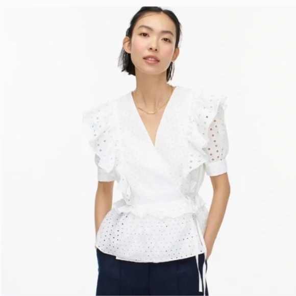 J. Crew White Puff Sleeve Wrap Blouse - Picture 2 of 11
